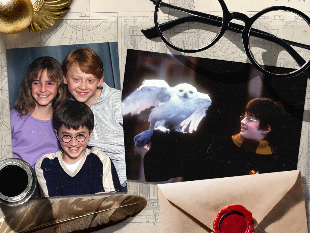 A Harry Potter photo collage, featuring a set photo of Daniel Radcliffe as Harry Potter, and a group photo of Emma Watson, Rupert Grint, and Daniel Radcliffe
