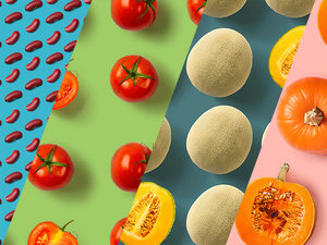 animated collage of various vegetables, pumpkin, melon, cabbage, tomato, beans, kumquat, and lentils
