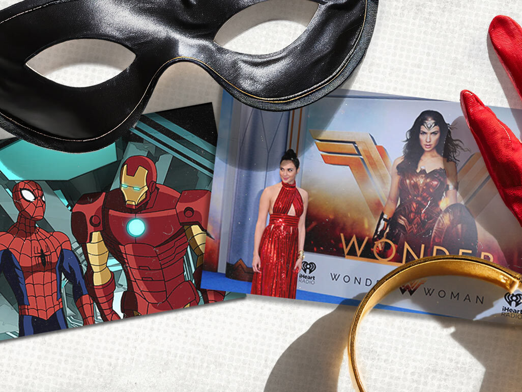A collage featuring a superhero mask, gloves, and bracelet, as well as images of Gal Gadot as Wonder Woman, and animated Spider-Man and Iron Man